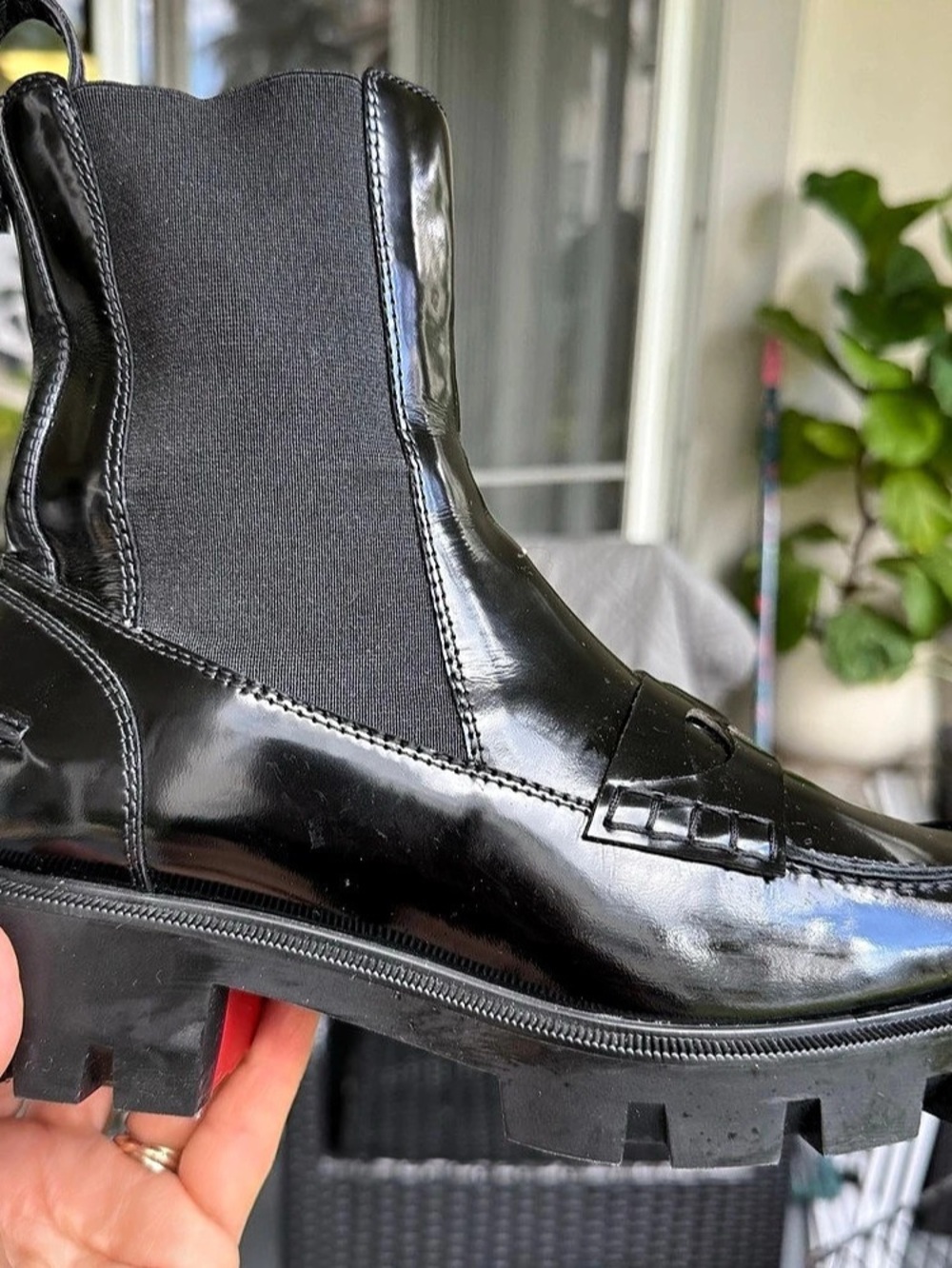 Christian Louboutin Chelsea Gorp Patent Combat Boots Black & Red